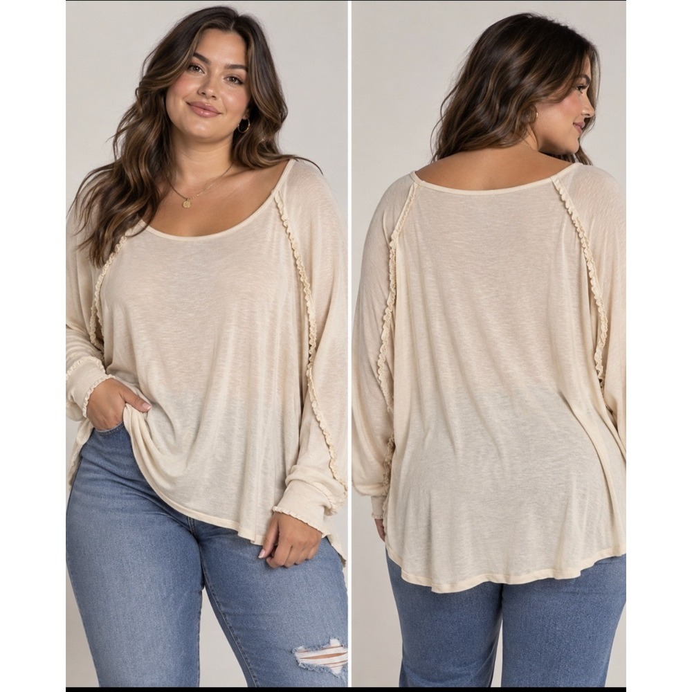 LC Lauren Conrad Modal Blend Top 4X Cream Ruffle Trim Cottagecore Boho Relaxed